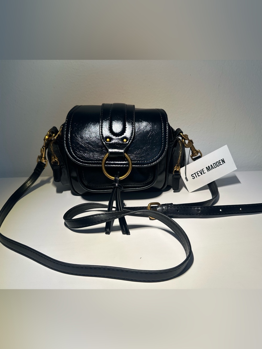 Steve Madden Black Faux Leather Crossbody with Gold Ring Accent NWT